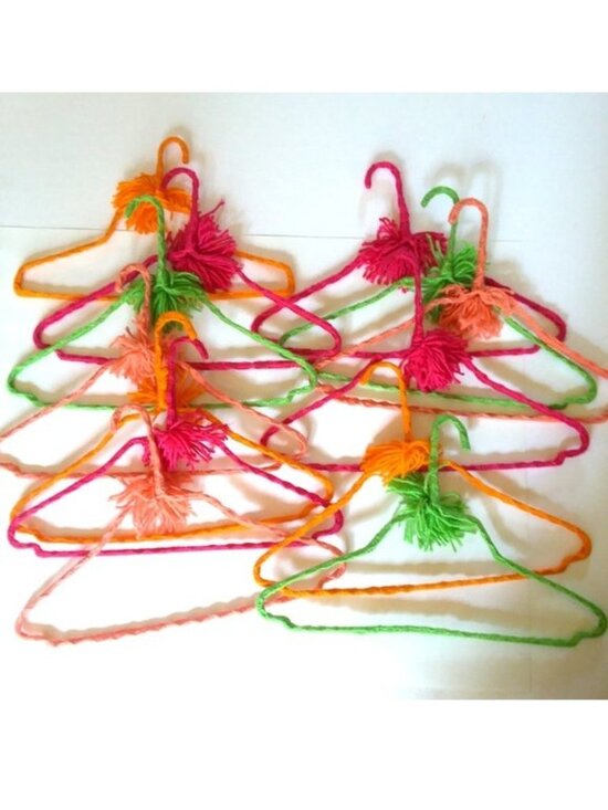 Handmade Vintage Chocheted Clothes Hangers Other - 13 VTG 70s Crocheted Hangers Pom Poms Handmade Metal Boho Retro Granny Knit